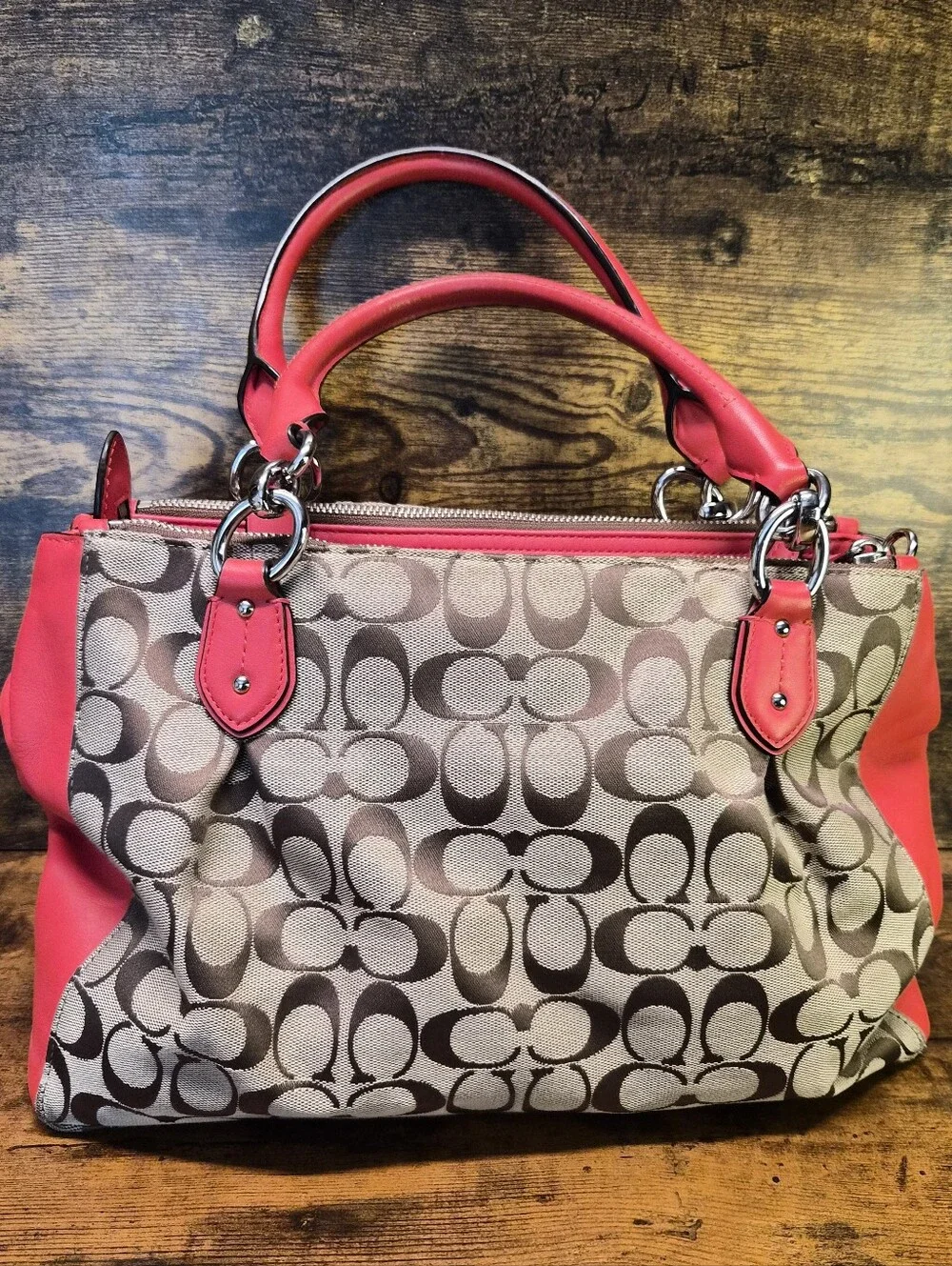 Coach Signature Beige Canvas Satchel with Red Trim Plus Shoulder Strap -EXC COND